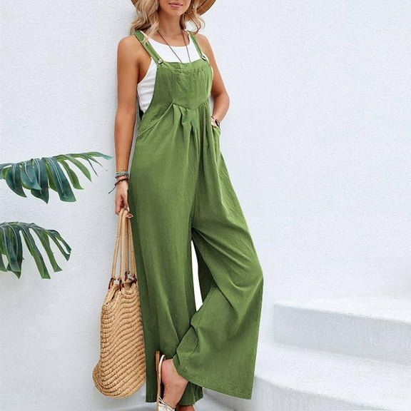 OVBMPZD Cotton Linen Rompers for Women Green Strap Wide Leg Flowy Vacation Baggy Dressy Rompers Jumpsuits for Women L