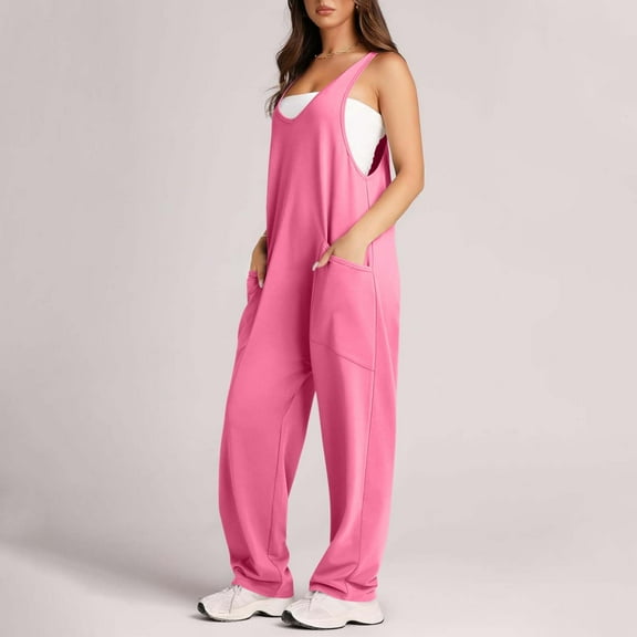 OVBMPZD Cotton Overalls for Women Pink Baggy Barrel Wide Leg Fall Sleeveless Backless Jumpsuits Womens Rompers S
