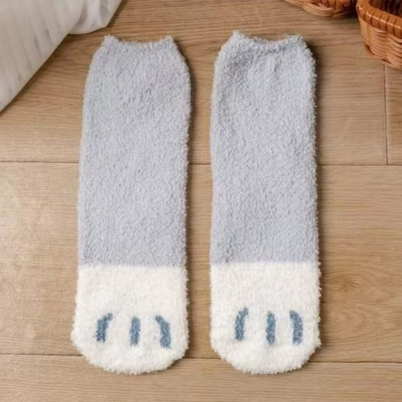 OVBMPZD Crew Girls Socks Fuzzy Gray Cat Print Cozy Thermal Fluffy Fall Socks Funny Socks for Women