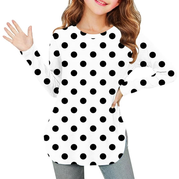 OVBMPZD Fall Shirts for Girls Kids Lightweight Black Tunic Side Split Soft Crewneck Polka Dot Blouses Tops for Girls Size 3 Years