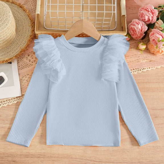OVBMPZD Girl Shirts Knit Cotton Long Sleeve Blue Mesh Ruffle Trim Crewneck Fashion Blouses Girls Tops Size 2-3