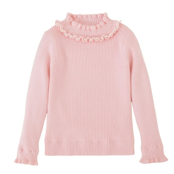OVBMPZD Girls Undershirts Long Sleeve Pink Knitting Cotton Pearl Turtleneck Ruffle Trim Blouses Girls Tops Size 2-3