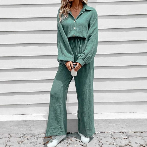 OVBMPZD Jumpsuits for Women Long Sleeve Dressy Wide Leg Green Fall Fashion High Waist Jumpsuits Rompers for Women L