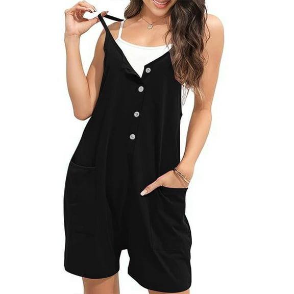 OVBMPZD Jumpsuits for Women Strap Black Short Pockets Button Down V Neck Jumpsuits Rompers for Women M