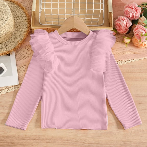 OVBMPZD Knit Undershirts for Girls Kids Long Sleeve Cotton Pink Crewneck Ruffle Trim Mesh Fashion Blouses Girls Tops Size 4-5