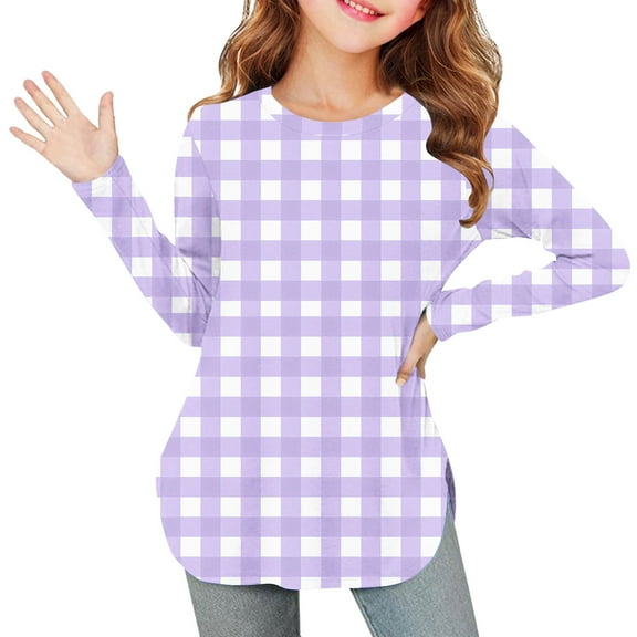 OVBMPZD Lightweight Fall Shirts for Girls Long Sleeve Purple Tunic Crewneck Gingham Side Split Fashion Blouses Girls Tops Size 7 Years