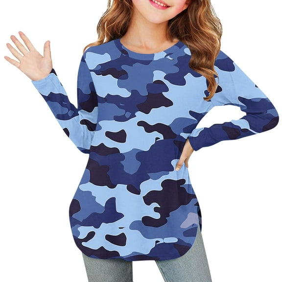 OVBMPZD Lightweight Girl Shirts Long Sleeve Camo Blue Pullover Side Split Crewneck Tunic Blouses Girls Tops Size 9 Years