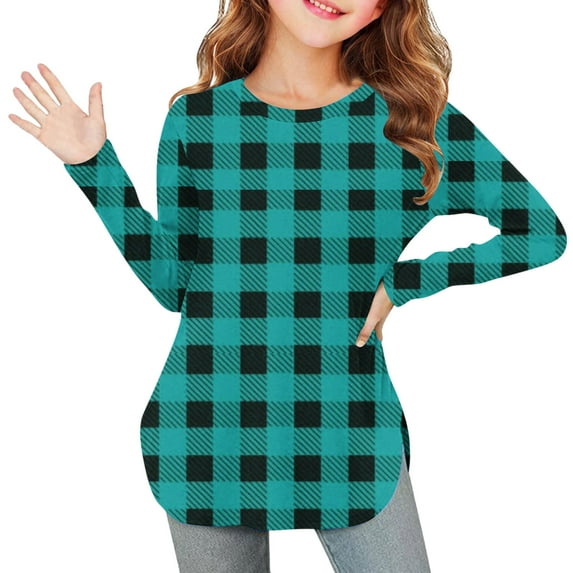 OVBMPZD Lightweight Girls T Shirts Green Long Sleeve Tunic Crewneck Side Split Checkered Pullover Blouses Girls Tops Size 7 Years