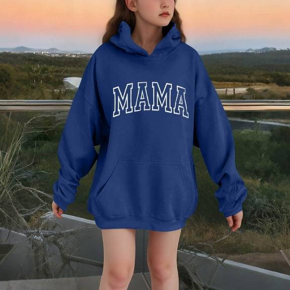 OVBMPZD Long Sleeve Girls Hoodies Casual Blue Mama Letter Print Hooded Sweatshirts with Pockets Tops for Girls Size 5-6