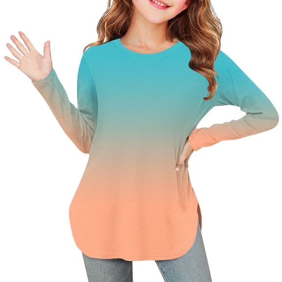 OVBMPZD Long Sleeve Girls Kids Shirts Lightweight Orange Colorful Crewneck Tunic Side Split Pullover Blouses Tops for Girls Size 3 Years