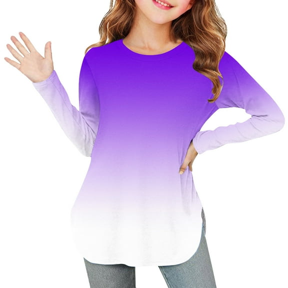 OVBMPZD Long Sleeve Girls T Shirts Lightweight Loose Purple Side Split Soft Crewneck Tunic Blouses Tops for Girls Size 7 Years