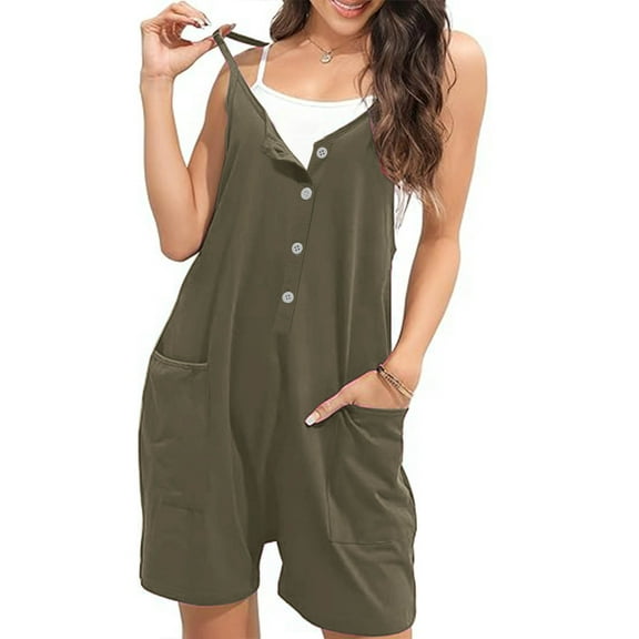 OVBMPZD One Piece Jumpsuits for Women Strap Green Short Button Down V Neck Pockets Jumpsuits Women Rompers L