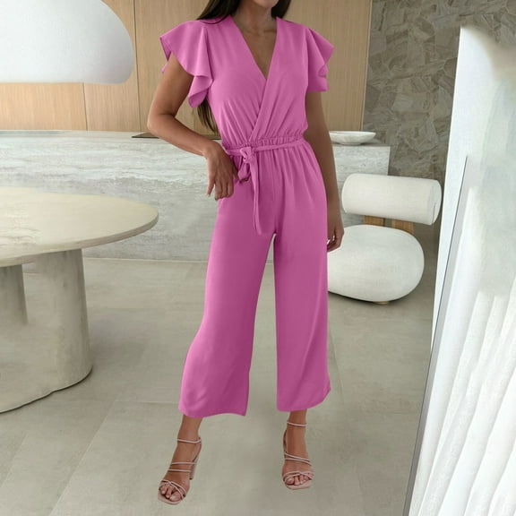 OVBMPZD Pink Womens Jumpsuits Dressy Wide Leg Formal V Neck Wedding Flowy Tunic Ruffle Jumpsuits Women Rompers XL