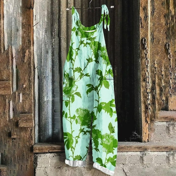 OVBMPZD Plus Size Jumpsuit for Curvy Women Green Strap Wide Leg Pockets Fall Baggy Graphic Jumpsuits Womens Romper L