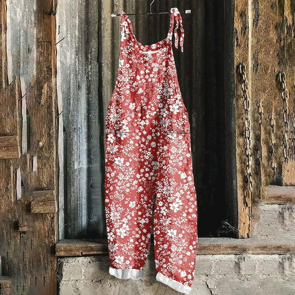 OVBMPZD Red Womens Jumpsuits Casual Wide Leg Strap Floral Fall Pockets Baggy Jumpsuits Rompers for Women M