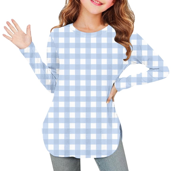 OVBMPZD Shirts for Girls Kids Blue Lightweight Long Sleeve Tunic Gingham Side Split Fashion Crewneck Blouses Tops for Girls Size 4 Years