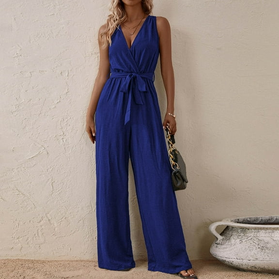 OVBMPZD Smocked Jumpsuit Women Wide Leg Formal Dressy Blue Belted High Waist Wedding V Neck Jumpsuits Women's Rompers M