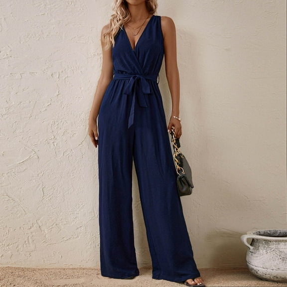 OVBMPZD Smocked Womens Jumpsuits Casual Formal Dressy Wide Leg Blue Wedding V Neck Jumpsuits Cute Outfits for Women S
