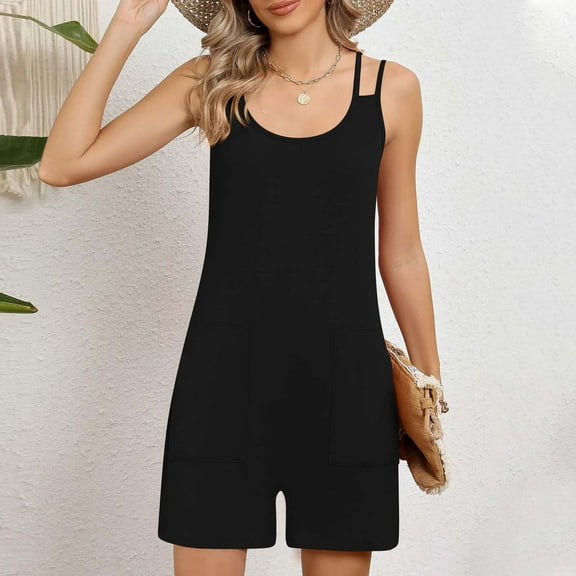 OVBMPZD Strap Rompers for Women Black Shorts Lounge Fall Fashion Crew Neck Vacation Rompers Jumpsuits for Women L