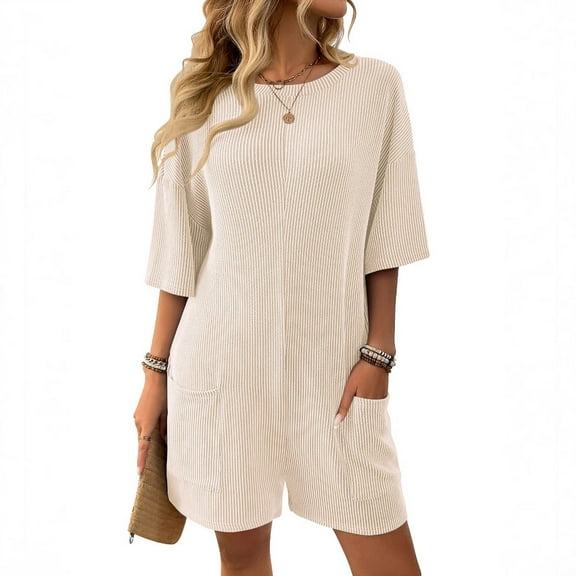 OVBMPZD Striped Womens Jumpsuits Shorts Beige Dressy Short Sleeve Flowy Pockets Baggy Jumpsuits Women's Rompers S