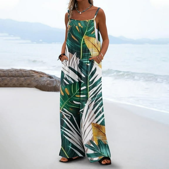 OVBMPZD Tropical Casual Jumpsuits for Women Baggy Green Wide Leg Flowy Pockets Strap Beach Jumpsuits Women Rompers S
