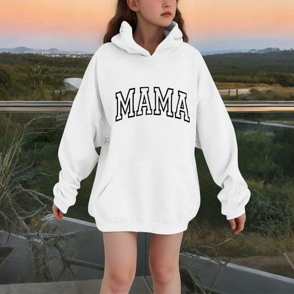 OVBMPZD White Girls Sweatshirts Long Sleeve Mama Casual Hooded Letter Print Sweatshirts with Pockets Girls Tops Size 11-12