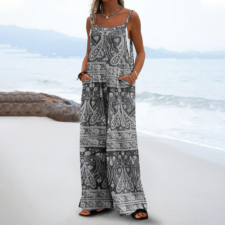 OVBMPZD Wide Leg Jumpsuit Women Adjustable Strap Black Boho Baggy