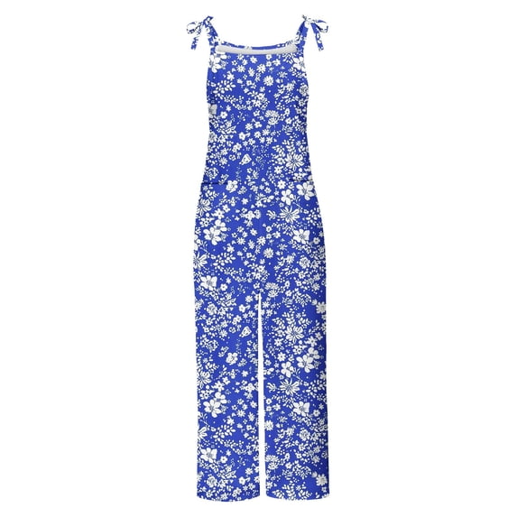 OVBMPZD Wide Leg Jumpsuits for Women Plus Size Blue Strap Floral Baggy Pockets Fall Jumpsuits Women's Rompers L