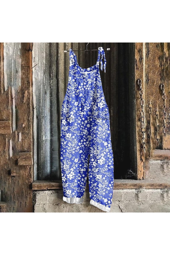 Wide Leg Jumpsuits for Women Plus Size Blue Strap Floral Baggy Pockets Fall Jumpsuits Women's Rompers L