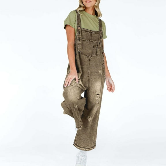 OVBMPZD Wide Leg One Piece Jumpsuits for Women Baggy Strap Bronze Washed Work Retro Jumpsuits Rompers for Women 2025 L