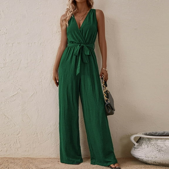 OVBMPZD Wide Leg One Piece Jumpsuits for Women Green Formal Smocked Wedding Jumpsuits Office Outfits for Women 2025 XL