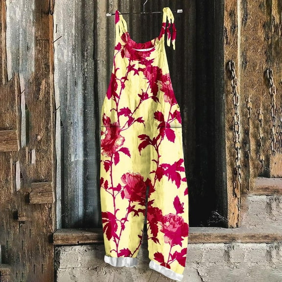 OVBMPZD Wide Leg One Piece Jumpsuits for Women Strap Yellow Fall Baggy Graphic Pockets Jumpsuits Romper for Women L