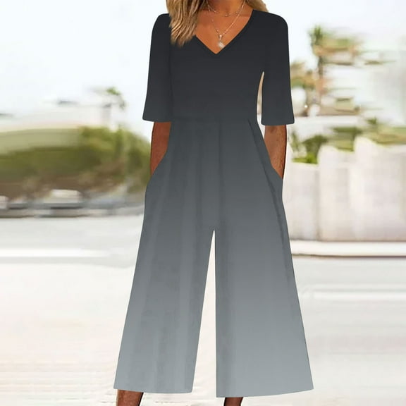 OVBMPZD Wide Leg Womens Jumpsuits Casual Black Short Sleeve V Neck Pockets Zip Back Jumpsuits Rompers for Women 2025 S