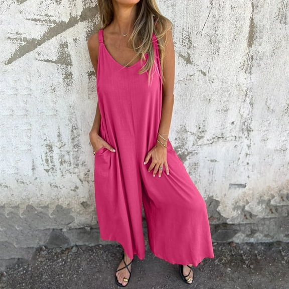 OVBMPZD Wide Leg Womens Jumpsuits Casual Pink Flowy Cotton Linen Strap Baggy V Neck Jumpsuits Women's Romper 3XL