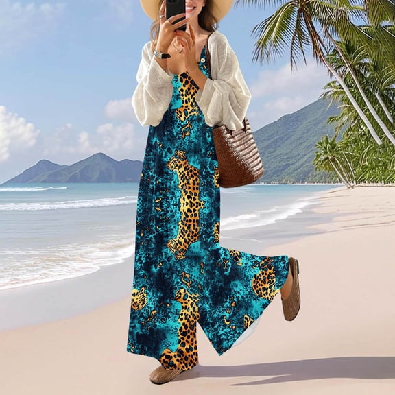 OVBMPZD Women Jumpsuit Strap Wide Leg Leopard Baggy Beach Flowy Vacation Jumpsuits Cute Outfits for Women L