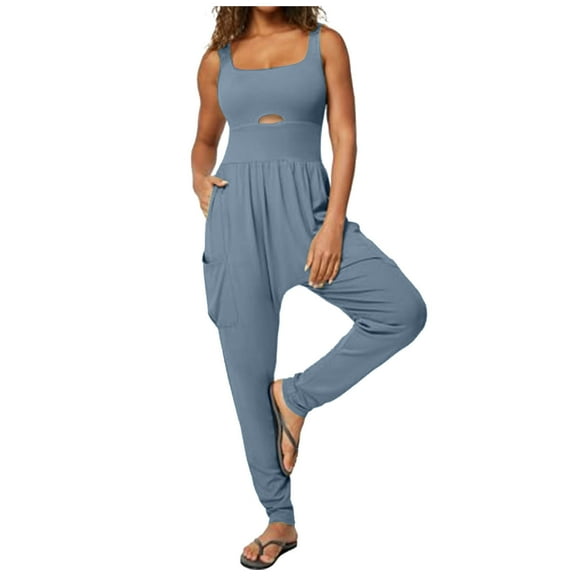 OVBMPZD Workout Jumpsuit for Women Athletic Yoga Blue One Piece Pockets Cutout Jumpsuits Women's Romper L