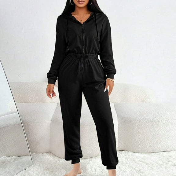 OVBMPZD Workout One Piece Jumpsuits for Women Hooded Athletic Black Zip Fall Jumpsuits Office Outfits for Women 2025 L