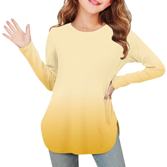 OVBMPZD Yellow Shirts for Girls Lightweight Long Sleeve Soft Fashion Side Split Tunic Crewneck Blouses Girls Tops Size 9 Years