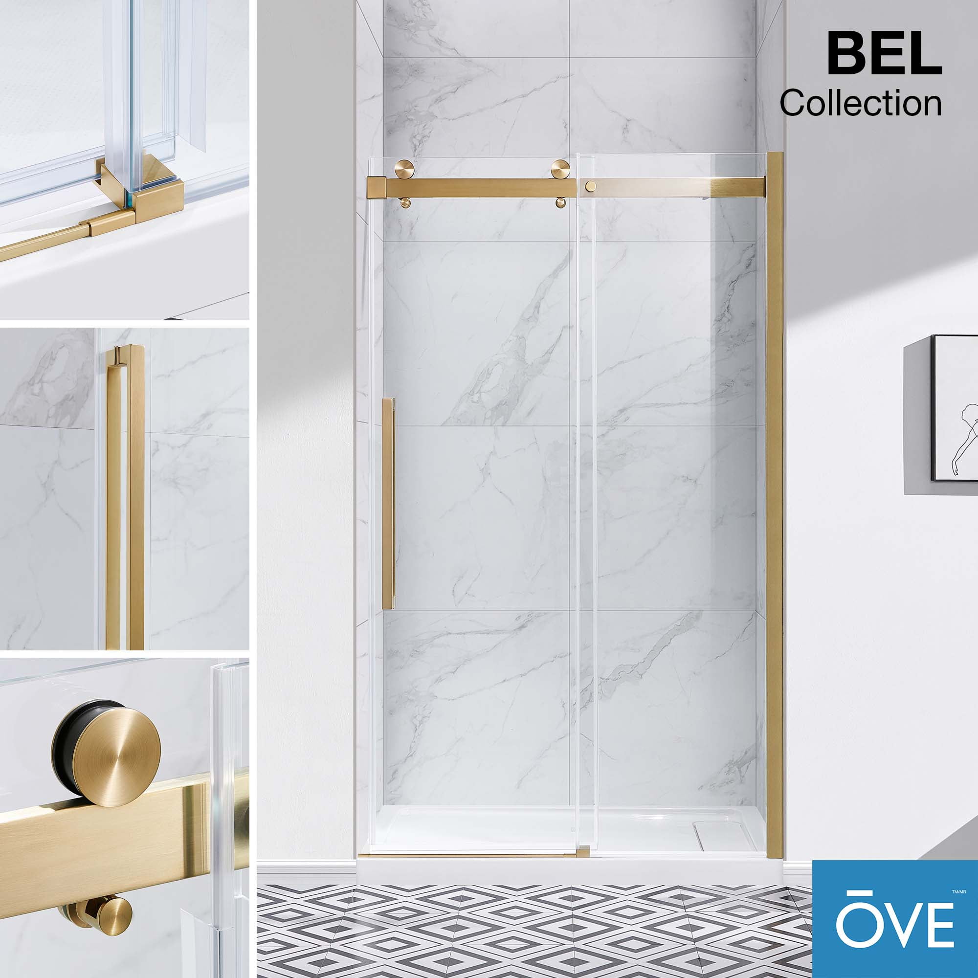 OVE Decors Bel Soft Close Gold 48" Frameless Sliding Soft Close Shower