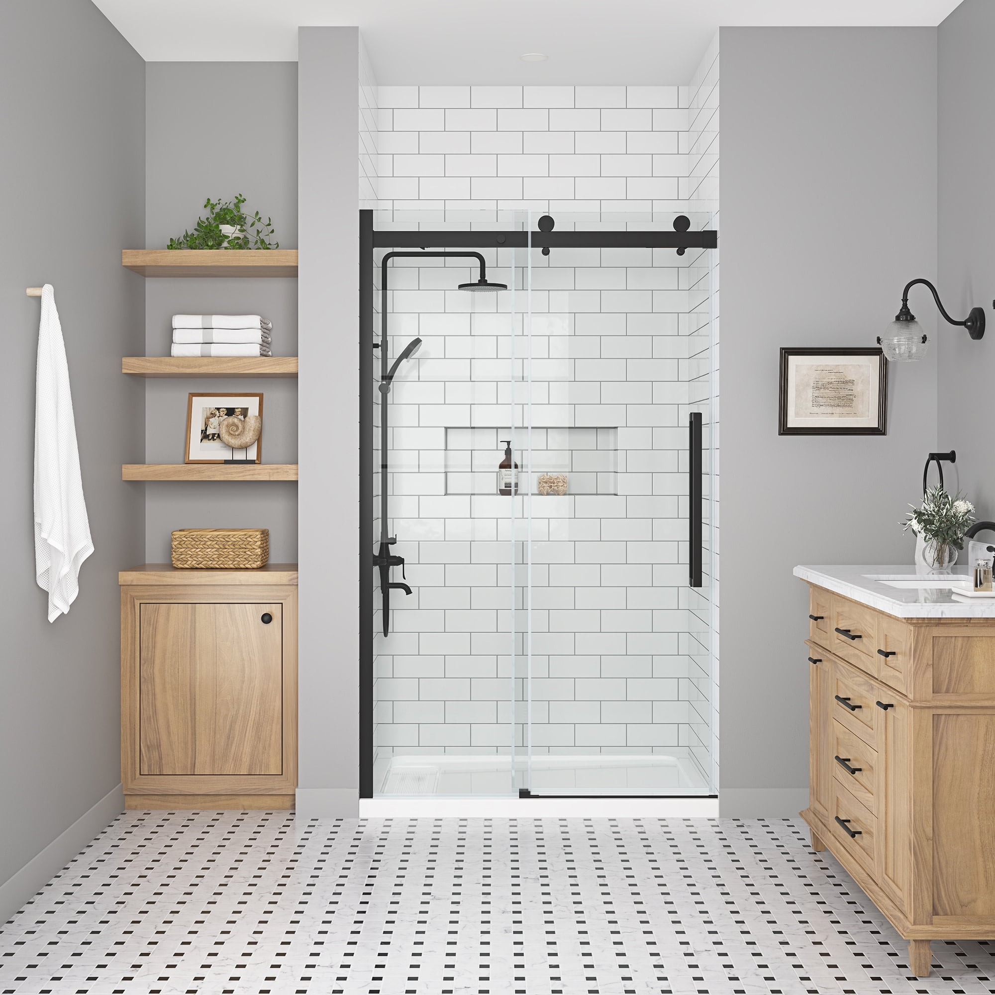 Bel Matte Black Frameless Sliding Shower Door with Clear Glass
