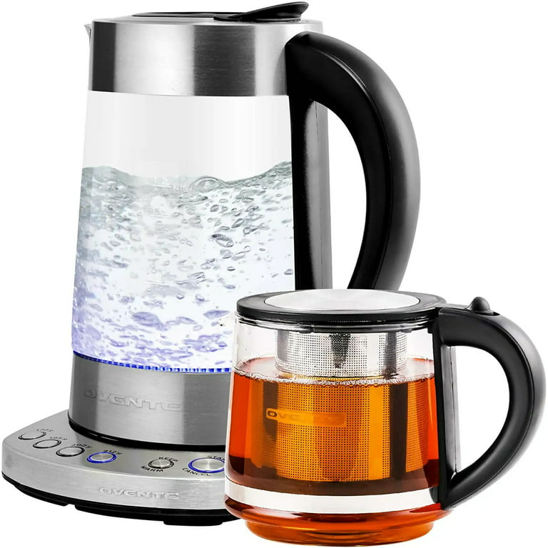 OVENTE 1.7 L Electric Glass Kettle, Prontofill Tech, Portable Kettle KG733S  + Glass Tea Pot Infuser 