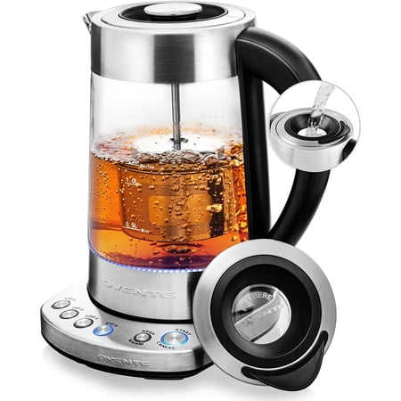 OVENTE 1.7 L Electric Glass Kettle, Prontofill Technology, Temperature Control, Silver KG733S