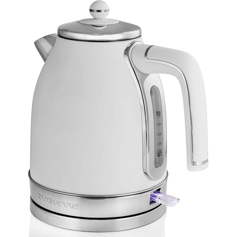 OVENTE 1.7 L Electric Stainless Steel Hot Water Kettle, Auto Shutoff,  Coffee/Tea Maker, White KS777W 