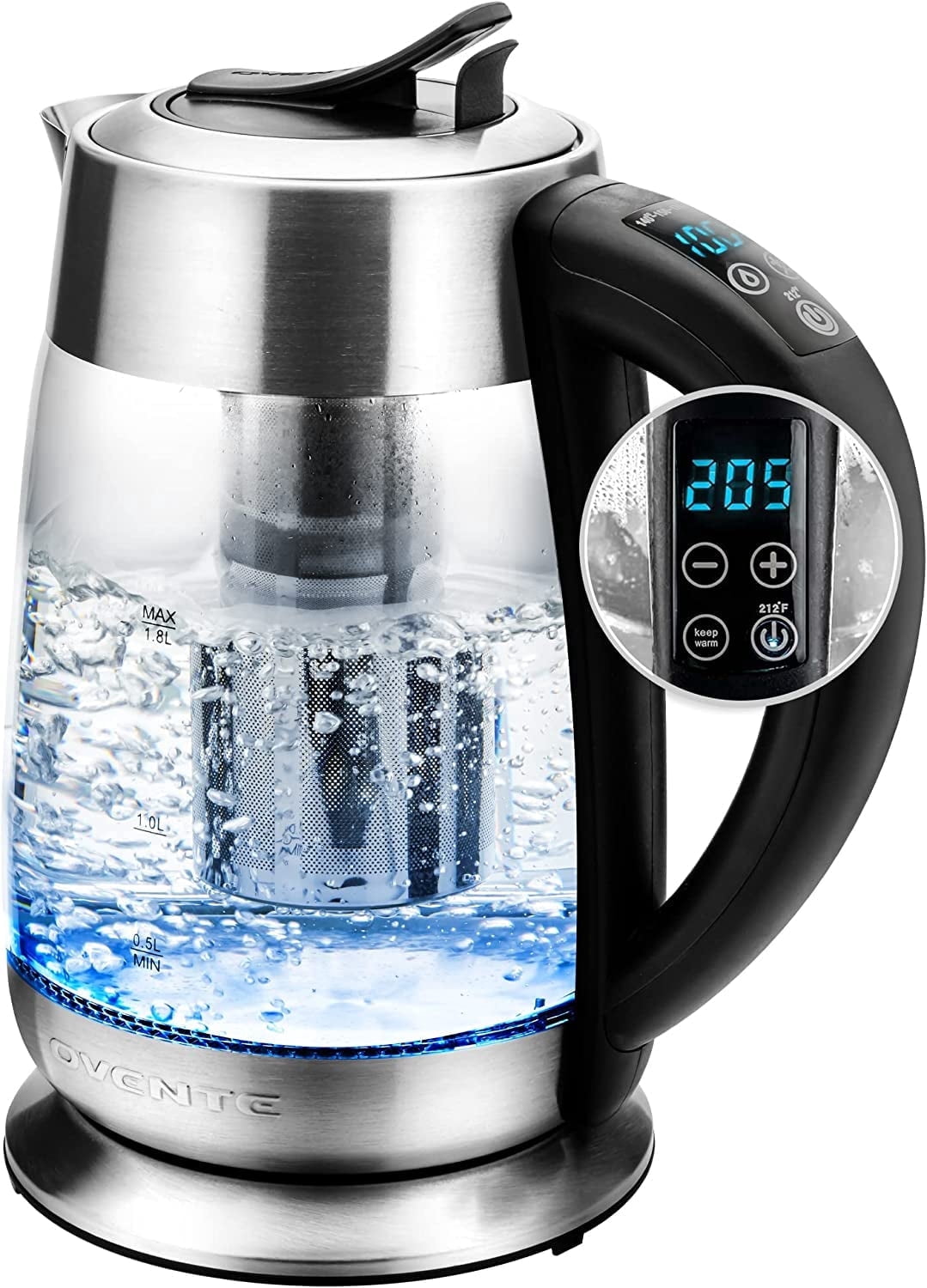 OVENTE Electric Glass Kettle Water Boiler 1.8 Liter BPA Free - 1500W w/Stainless Steel Infuser, Set Temperature Control, Auto Shut Off, Portable Fast Instant Heater for Coffee & Tea - KG661S