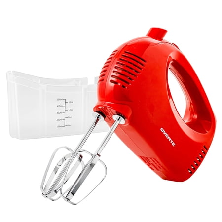 OVENTE 5-Speed Electric Hand Mixer with Storage Case,150W, Red HM151R | Stainless Steel Whisks, Compact Portable Design, Lightweight Handheld Mixer for Baking & Cooking