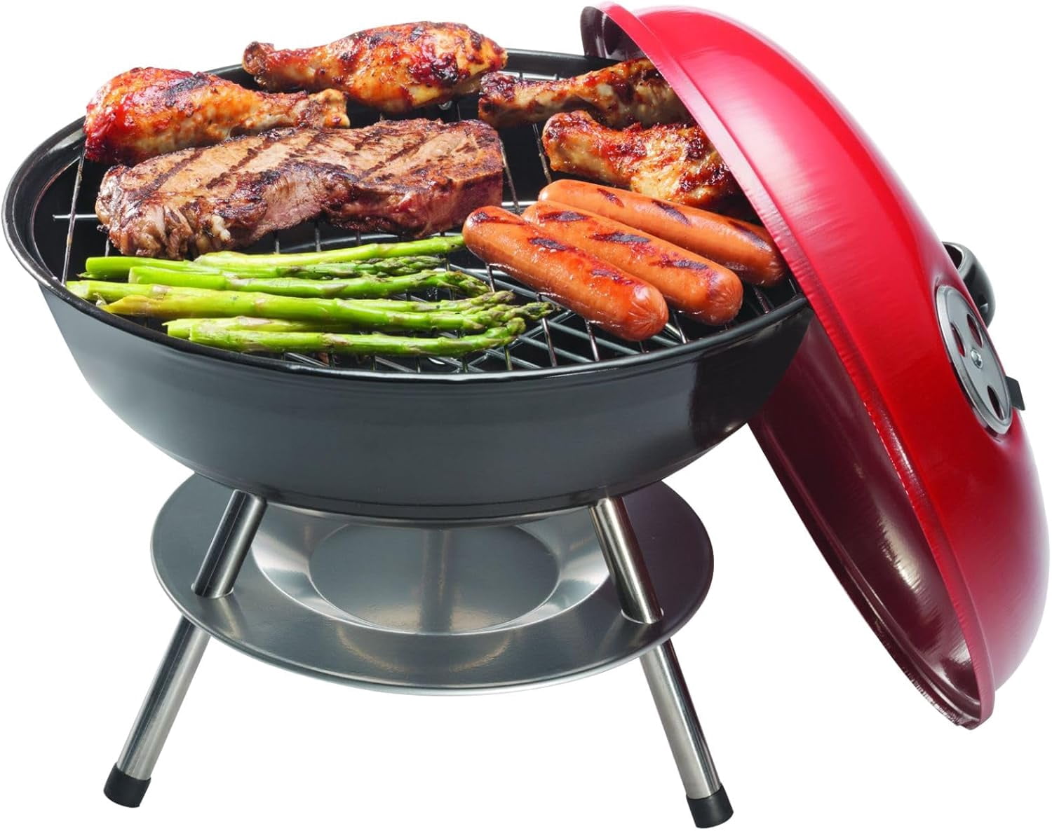 OVENTE 14-Inch Portable Charcoal Grill with Dual Venting System for Outdoor Cooking, Lightweight and Easy to Use Small Barbecue Griller for Backyard, Patio, Camping, Picnic and Parties, Red GQR0400BR