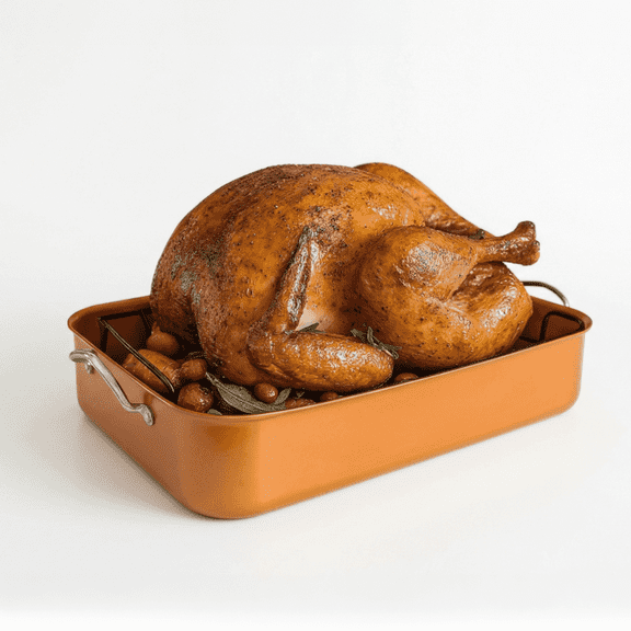 OVENTE 17" Roasting Pan with V-Shape Rack, Heavy Duty Nonstick Carbon Steel Turkey Roaster Tray, Large Rectangular Oven Pan for Roasted Chicken, Beef, Ham & Lasagna, Dishwasher Safe, Copper CWR30820C