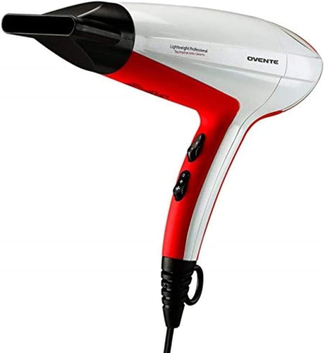 OVENTE 1875 Watt Lightweight Hair Dryer, Ionic & Tourmaline Technology, White & Red X2210W