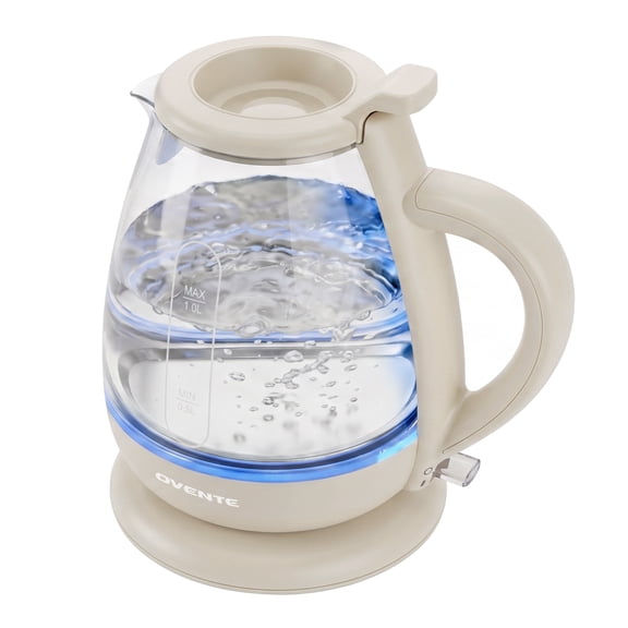OVENTE 1L Glass Electric Kettle Water Boiler, Cream KG150C, 1500W Fast Boiling, Easy Fill Lid, Borosilicate Glass, Auto Shut-Off, Boil-Dry Protection, Blue LED Light, 360° Swivel Base