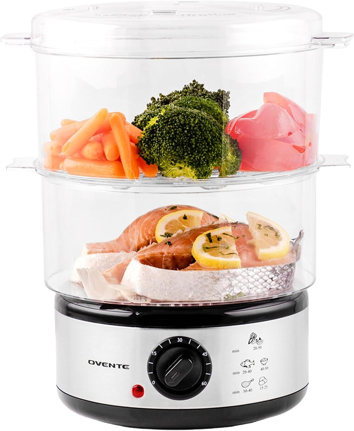 Ovente Electric Food Steamer 5 Quart with 2 Tier Stackable BPA-Free Baskets, 400W Stainless Steel Base, Auto Shut-Off and 60-Minute Timer, Fast